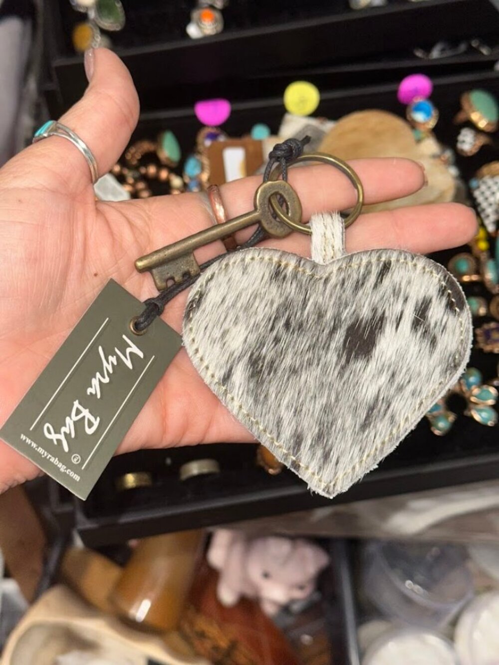 Myra Dark Cow Hide Heart Shape Key Chain